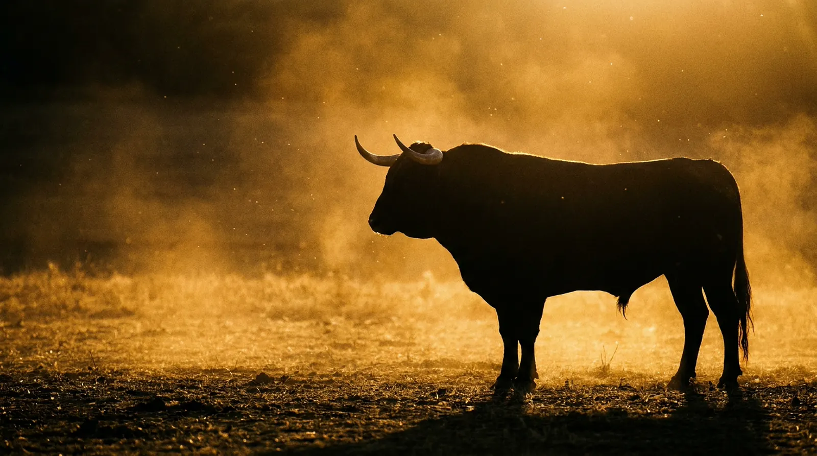 Toro negro de perfil en contraluz dorado